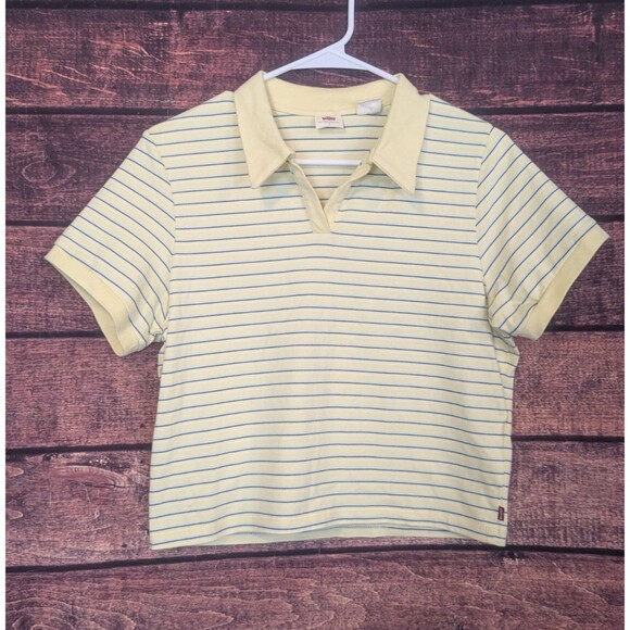 Levi's Butter Yellow With Blue Pin Stripes y2K style polo shirt Juniors Large - Picture 1 of 7